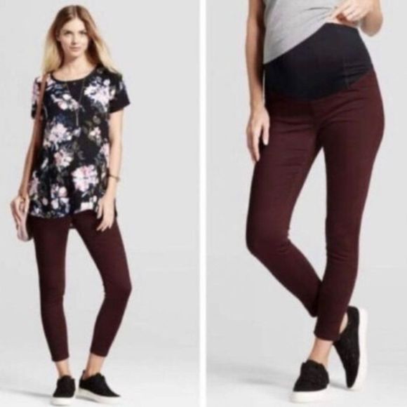 Ingrid Isabel Maternity Corduroy Crossover Panel Skinny Burgundy Pants Sz 8/29R - Picture 1 of 16